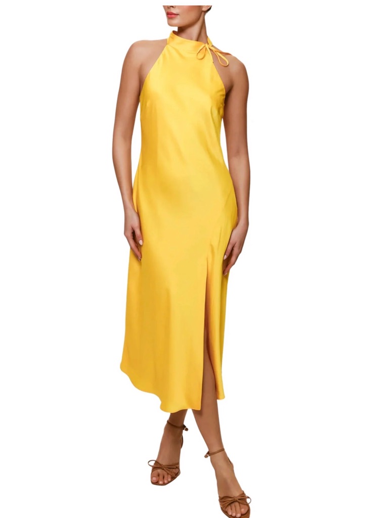 Yellow Halter Midi Dress With Side Slit